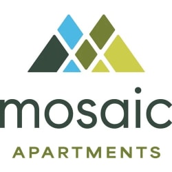 The image shows a logo for "mosaic apartments" with a design consisting of overlapping geometric shapes in blue, green, and yellow.