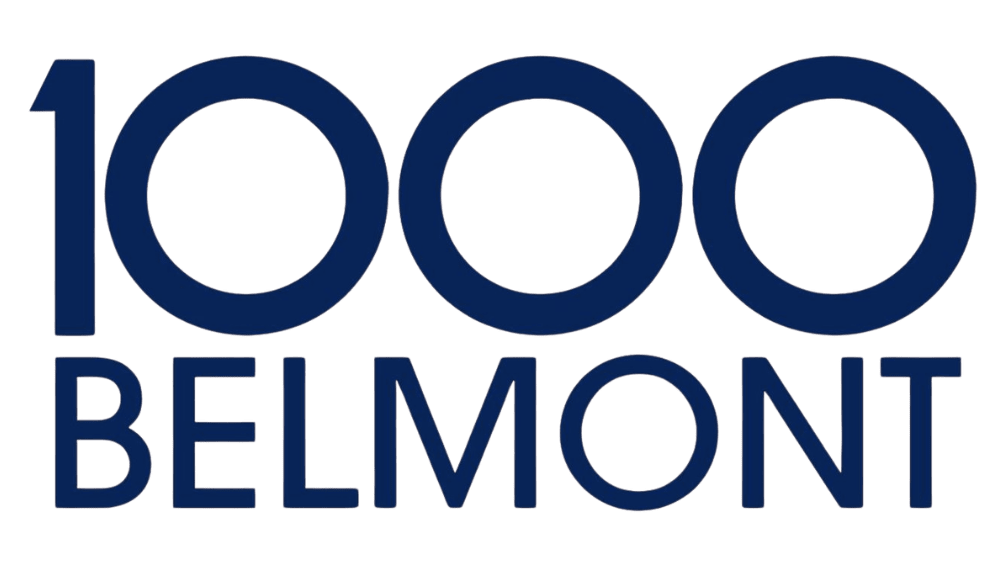 A blue and green logo with the numbers 1000 and the word Belmont.