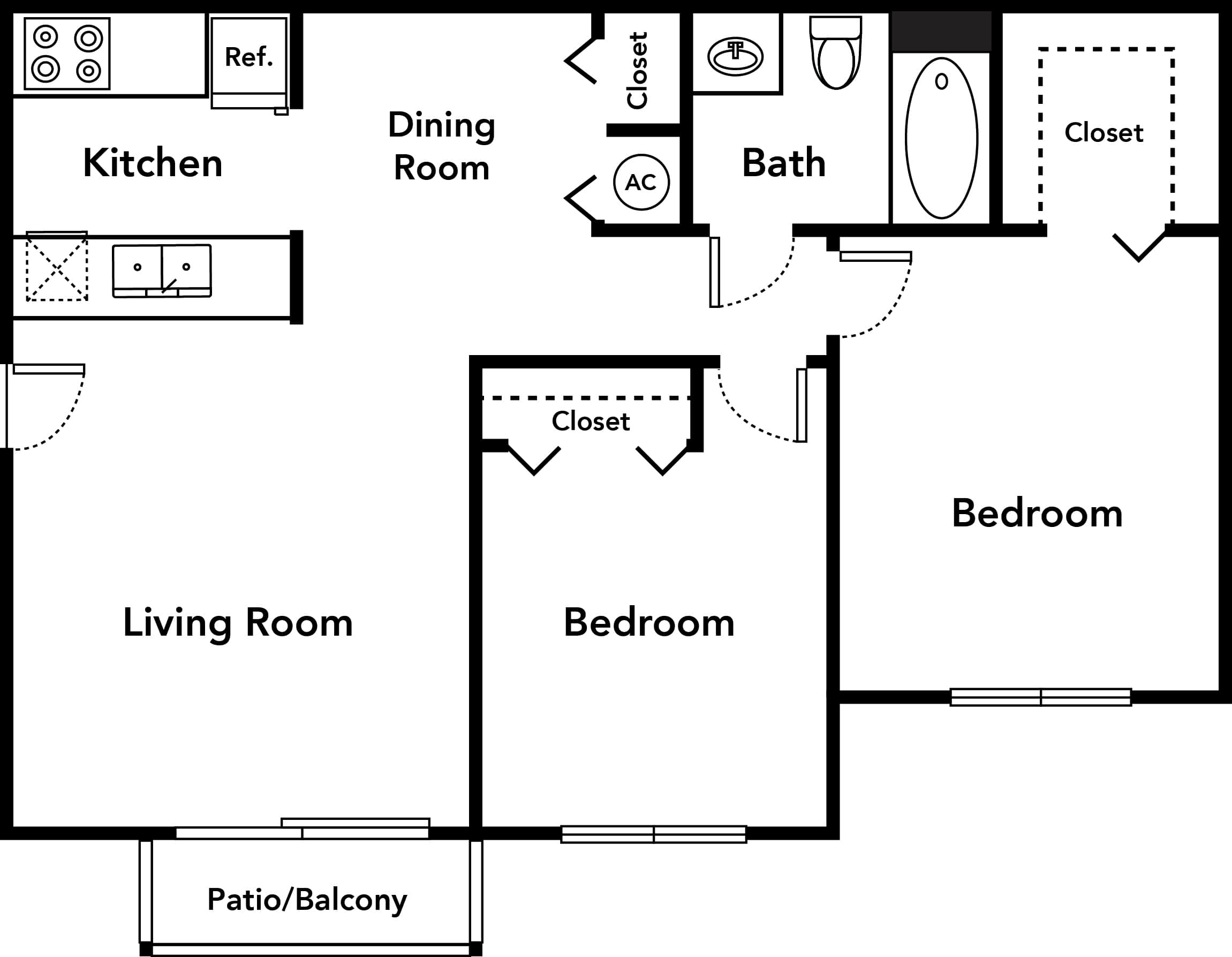 Two Bedroom One Bath 60% floor plan
