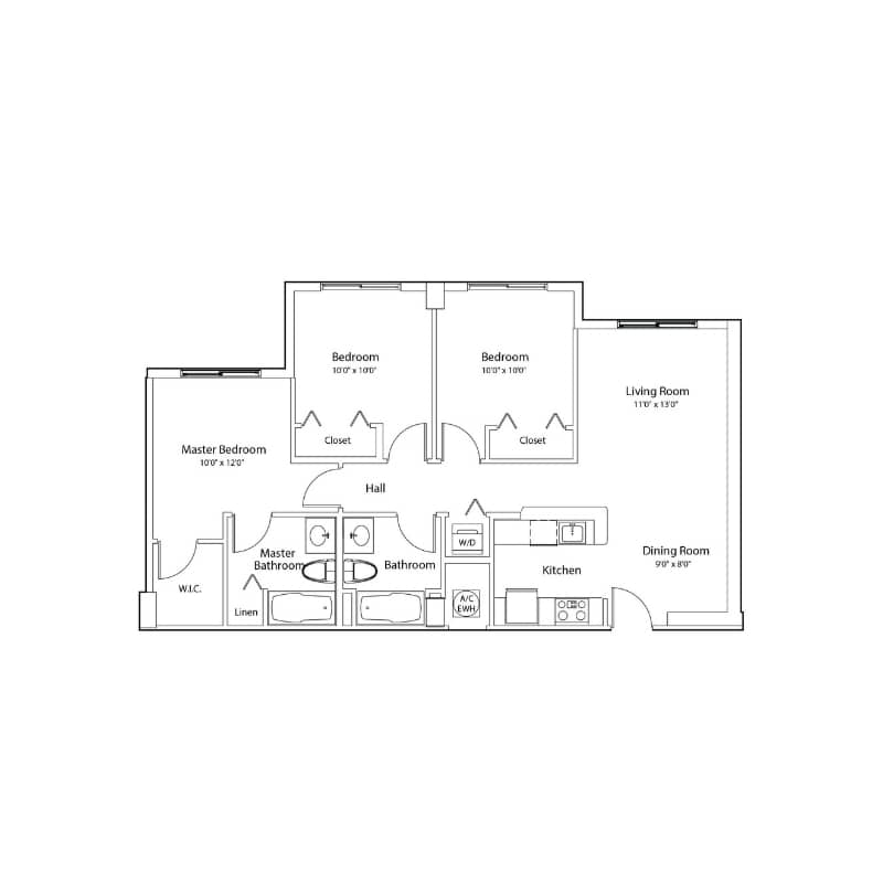 C - Three Bedroom Two Bathroom floor plan