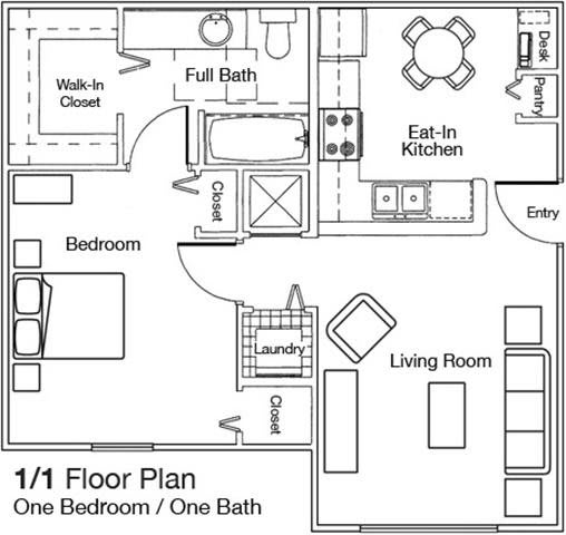 One Bedroom One Bathroom 60% floor plan