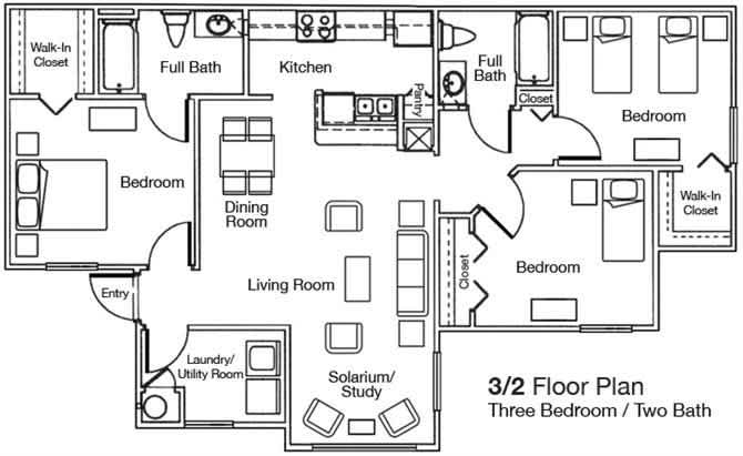Three Bedroom Two Bathroom 60% floor plan