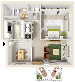 1 Bedroom 1 Bath Standard floor plan