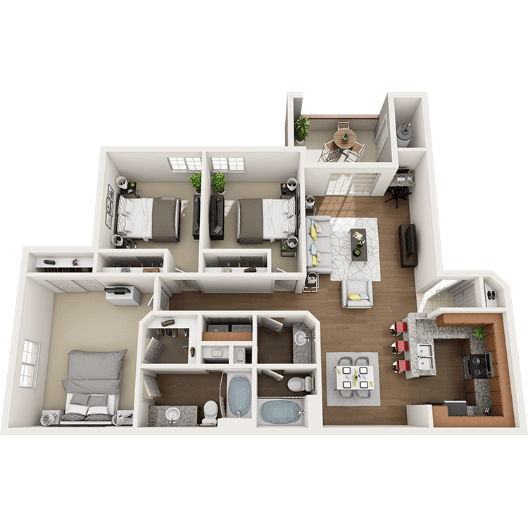 Del Mar Apartments three-bedroom furnished layout rendering; illustrative furniture arrangement.