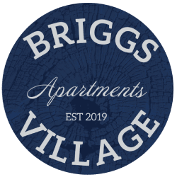 the logo for briggs apartments is shown in a blue circle