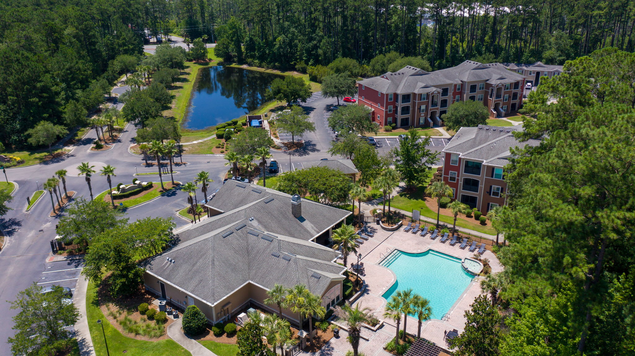 Courtney Bend aerial view with pool and pond - Hardeeville, SC