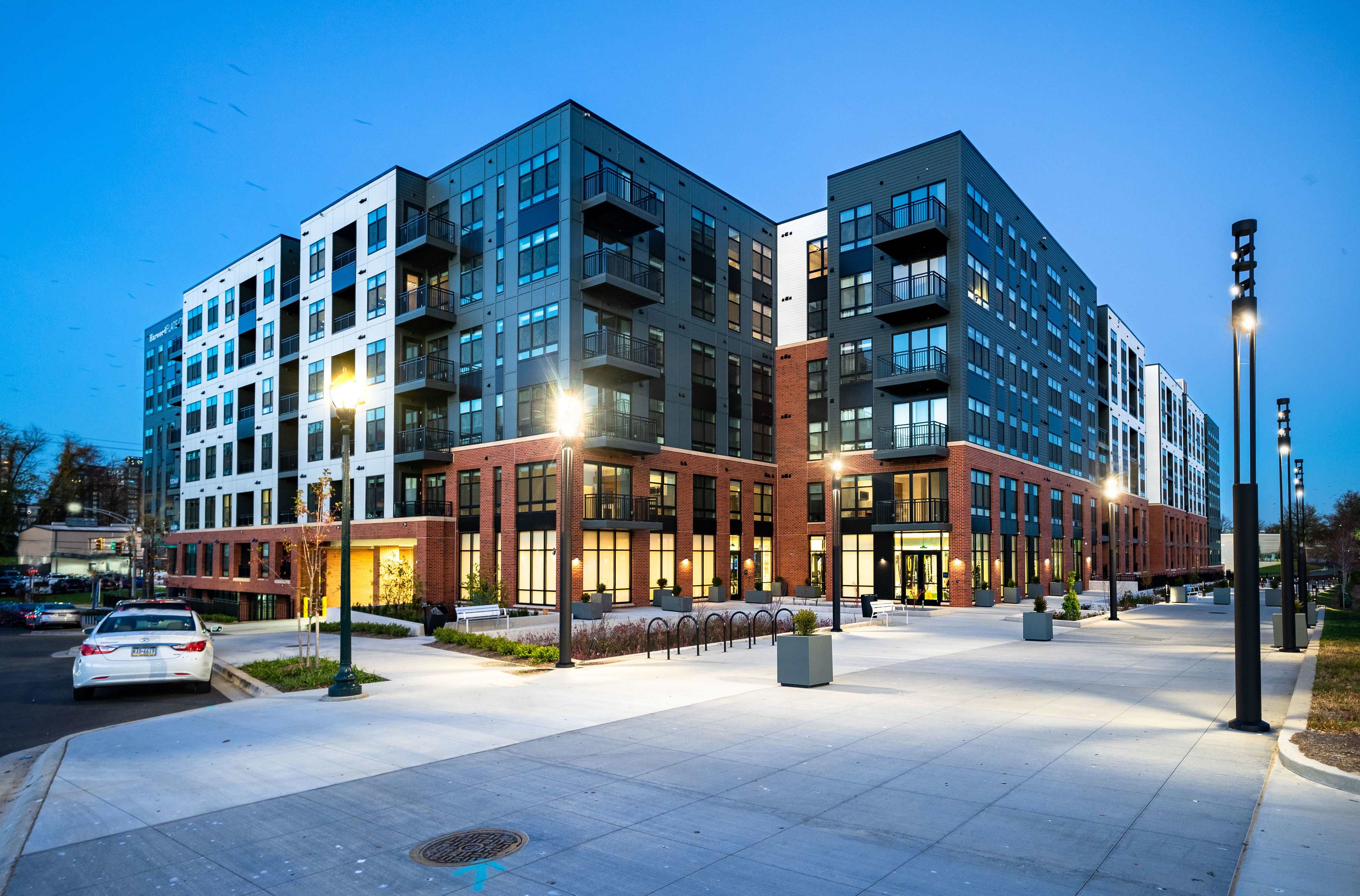 Harwood Flats exterior at dusk - North Bethesda, MD