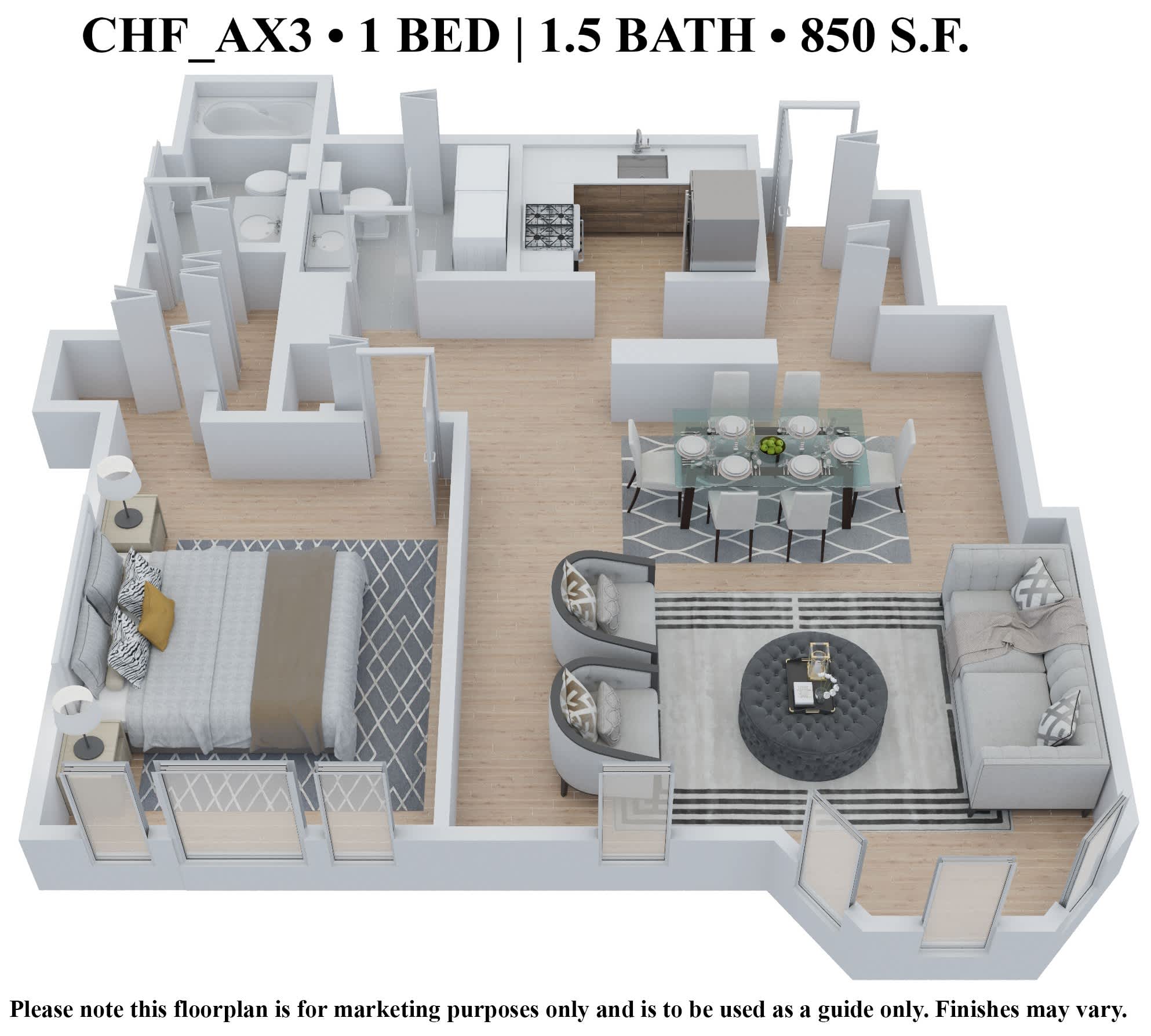 CWE Apartments one-bedroom 1.5 bath plan graphic - St. Louis, MO