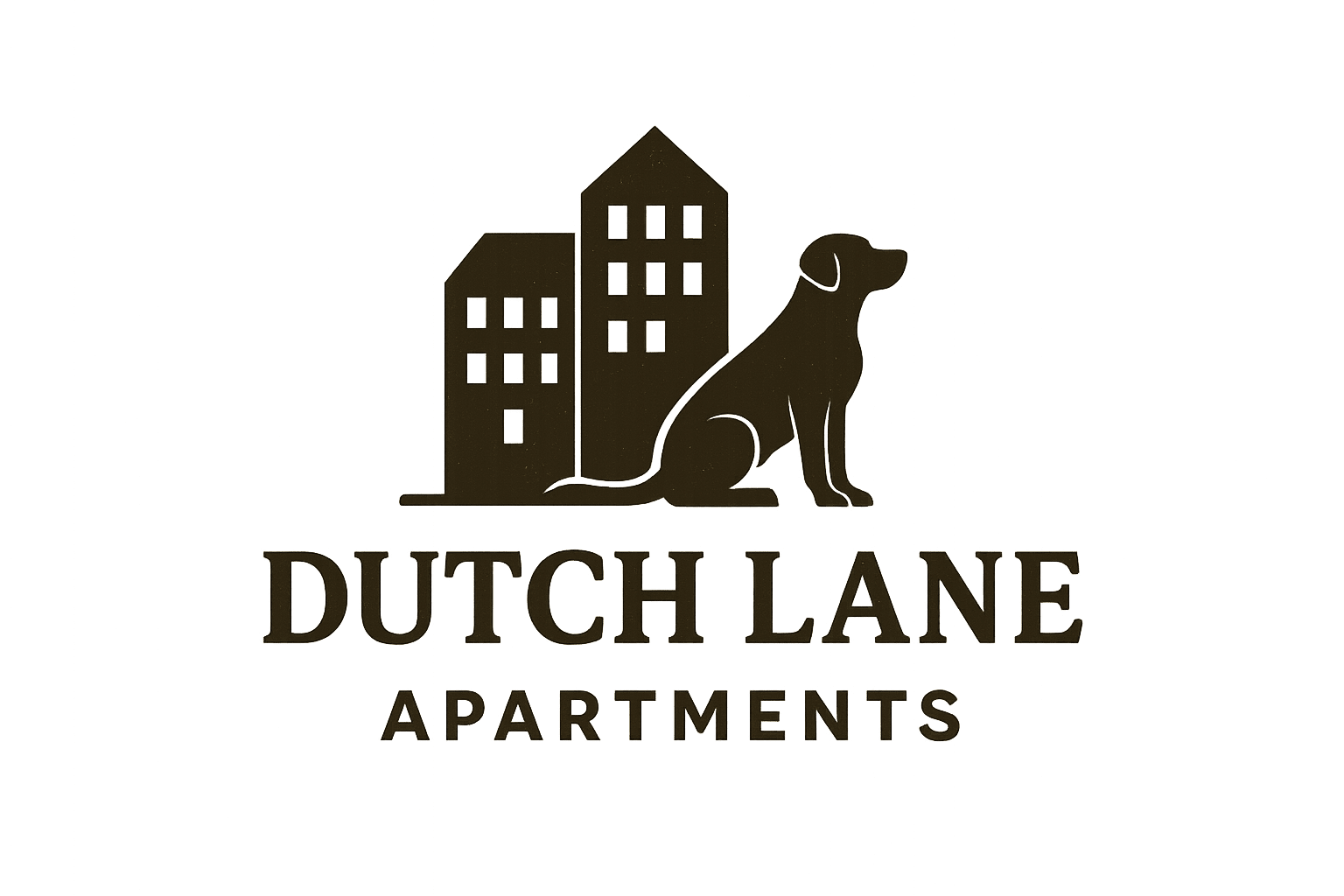 A logo for Dutch Lane Apartments featuring a dog and buildings.