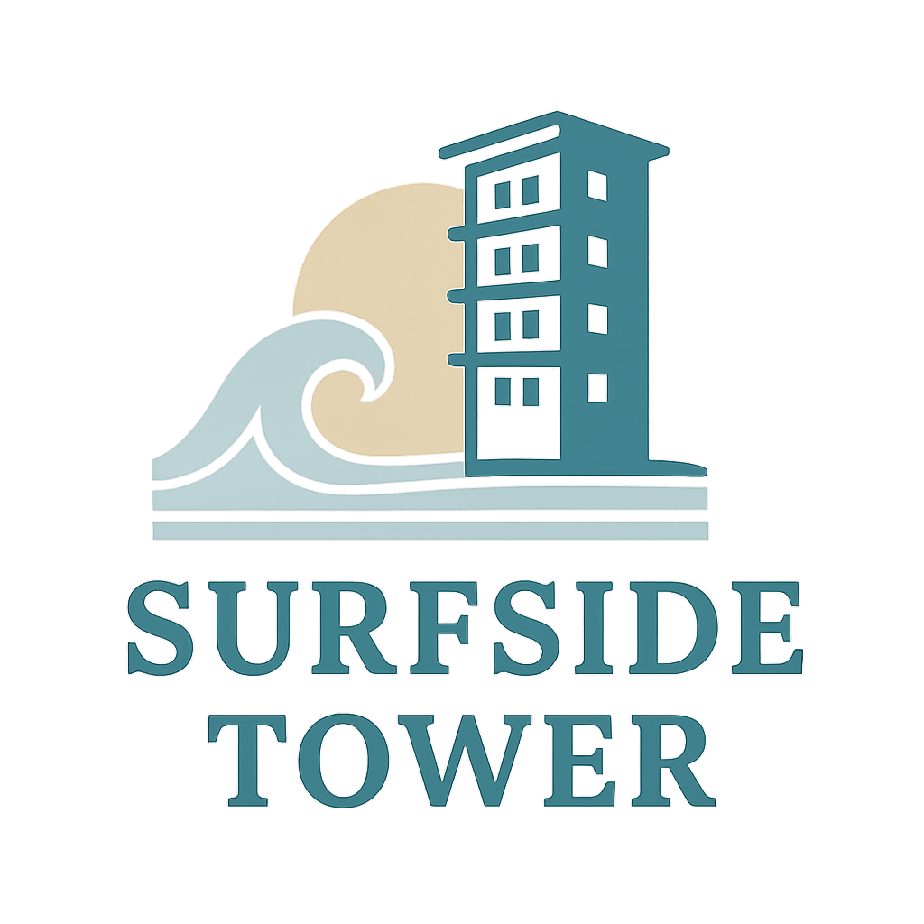 A graphic of a building with a wave and the words "Surfside Tower" on a green background.