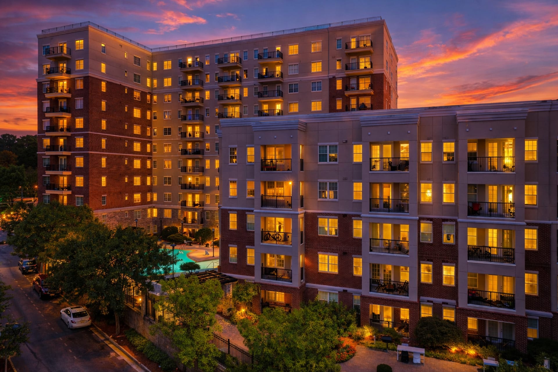 The Rocca Apartments courtyard pool view - Atlanta, GA