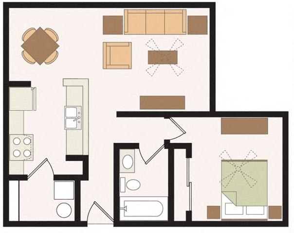 One Bedroom One Bathroom 60% floor plan