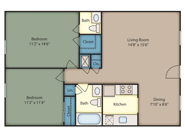 2 Bed 1.5 Bath floor plan