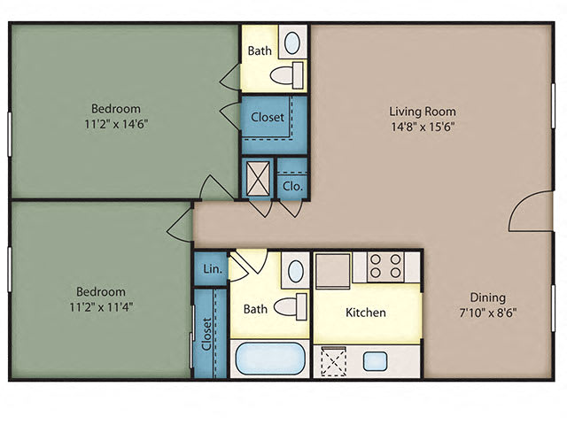 2 Bed 1 Bath with French Doors floor plan