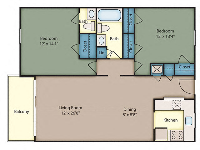 2 Bed 1.5 with Balcony-Patio floor plan