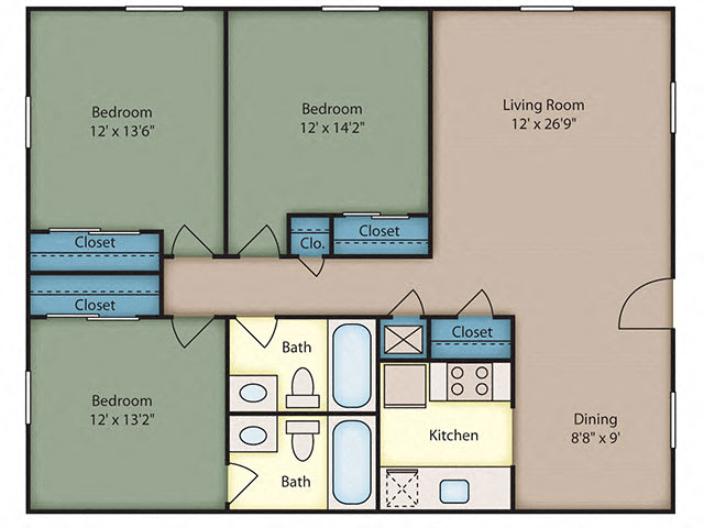 3 Bed 2 Bath floor plan