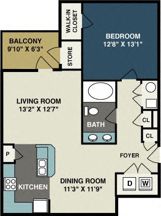 One Bedroom One Bath floor plan