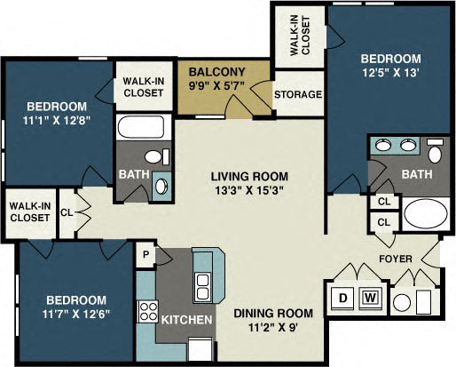 Three Bedroom Two Bath floor plan