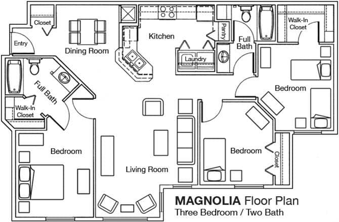 3 Bed - 2 Bath floor plan