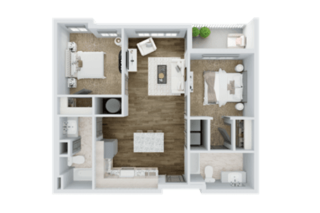 B1 two bedroom, two bathroom floor plan at 10X Tarpon Springs, 948 square feet