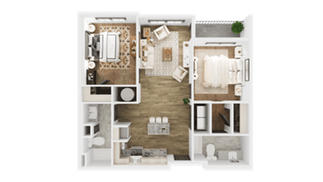 B3 two bedroom, two bathroom floor plan at 10X Tarpon Springs, 1,011 square feet