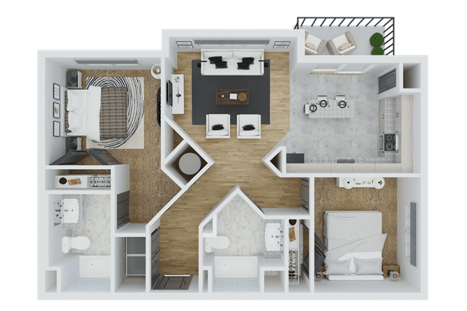 B2 two bedroom, two bathroom floor plan at 10X Tarpon Springs, 978 square feet
