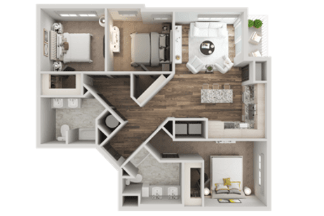 C1 three bedroom, two bathroom floor plan at 10X Tarpon Springs, 1,309 square feet