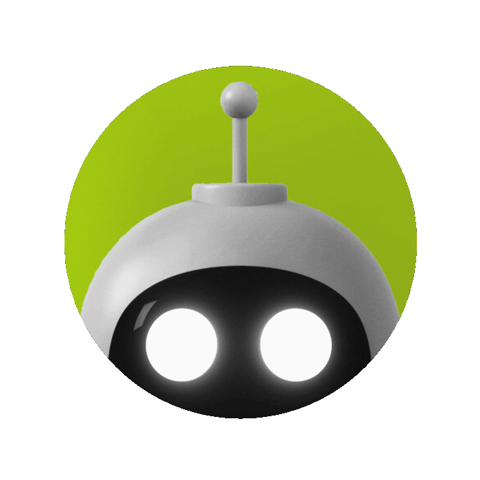 A robot with two lights for eyes is centered in the image.
