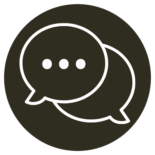 A white speech bubble icon on a black circular background.