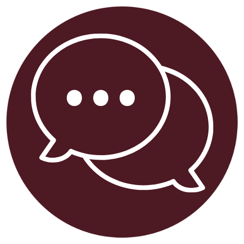 A white speech bubble icon on a dark red background.