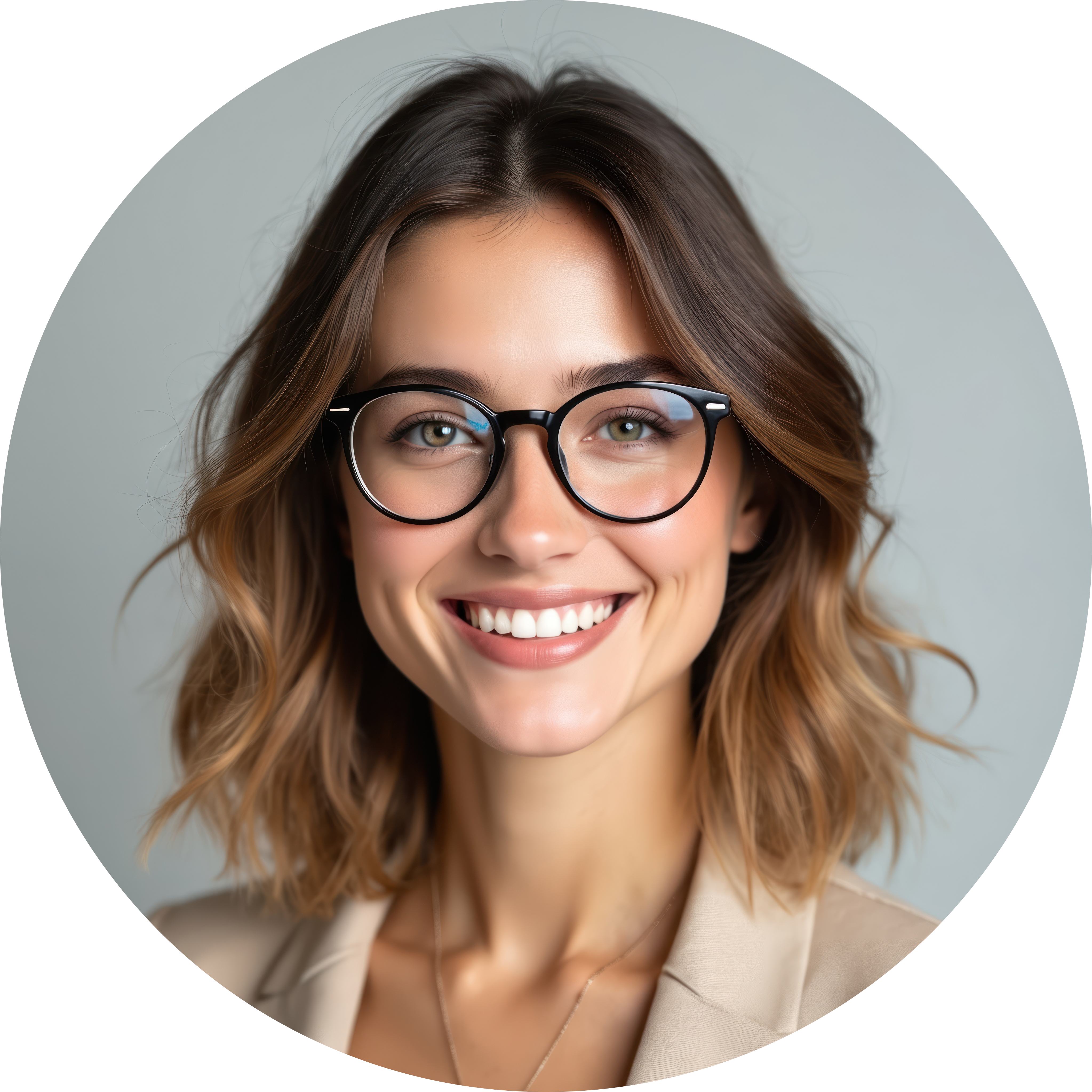 A woman with glasses and a beige blazer smiles at the camera.