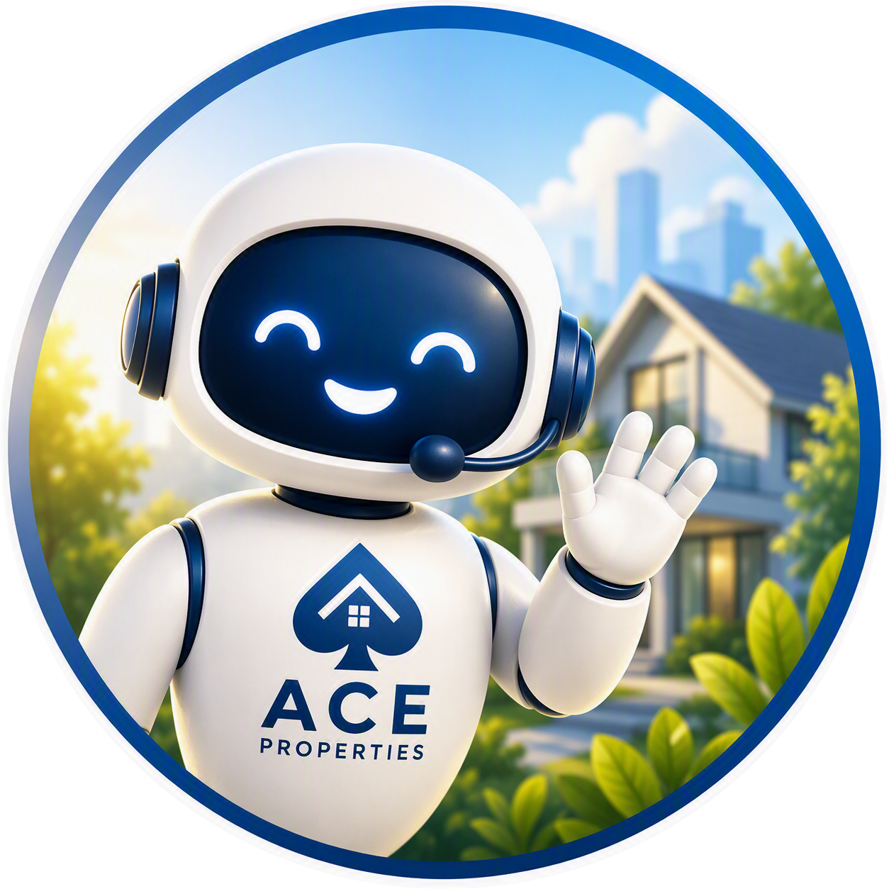 A robot with ACE Properties logo on its shirt is waving.