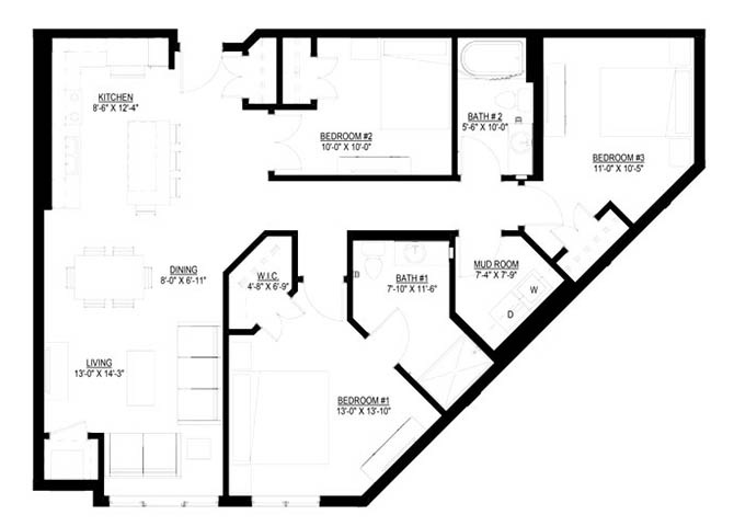 Three Bedroom - A floor plan