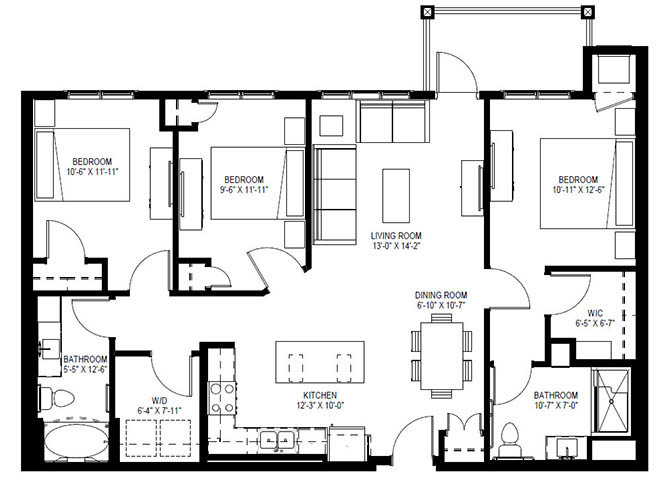 Three Bedroom B (Wheelchair Accessible) floor plan