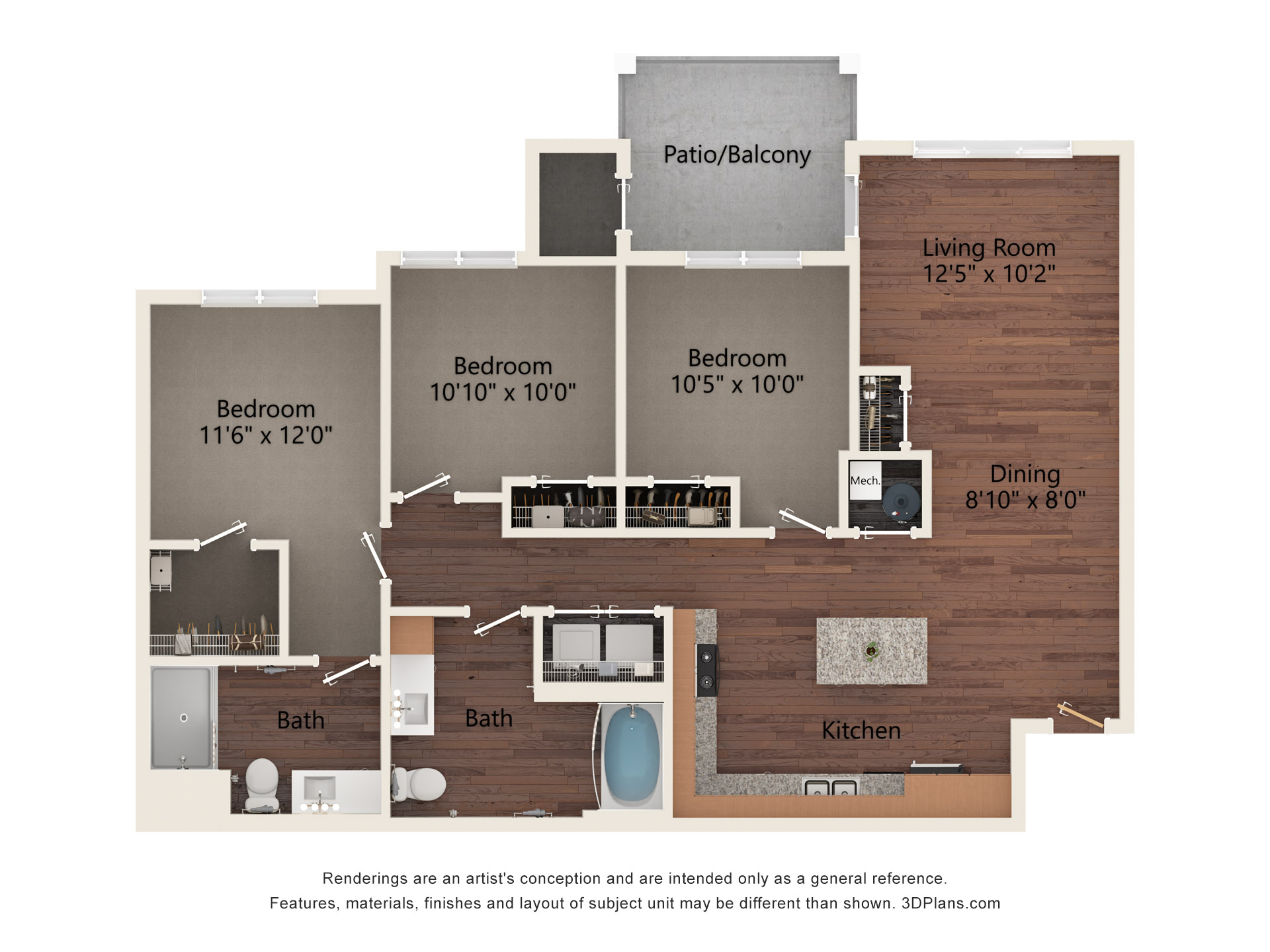 Three Bedroom - 3D floor plan