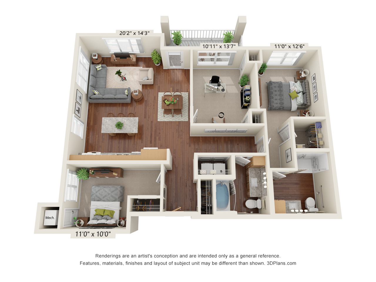Three Bedroom 3A (Wheelchair Accessible) floor plan