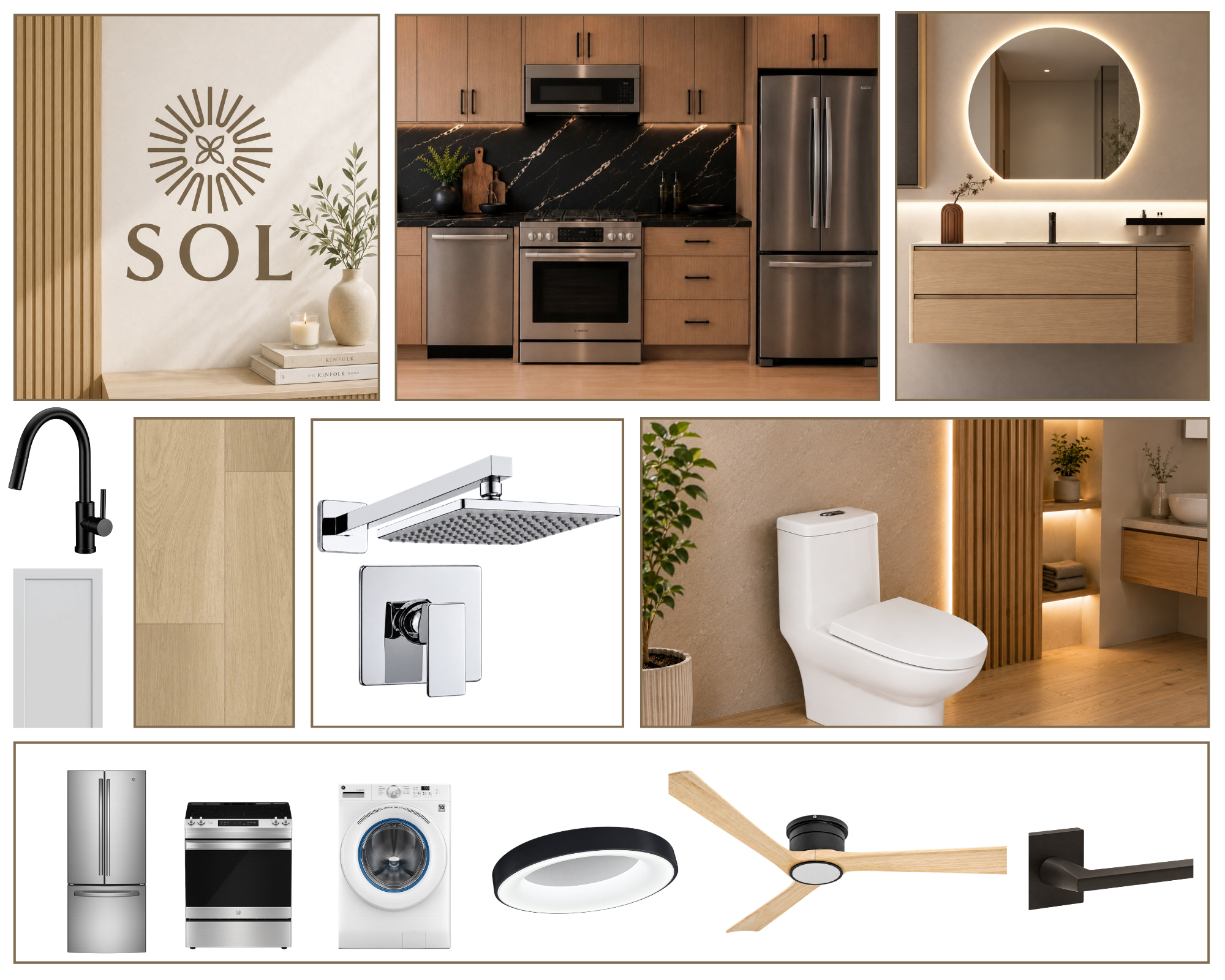 A Home Vision Board showcasing various room designs and color palettes.