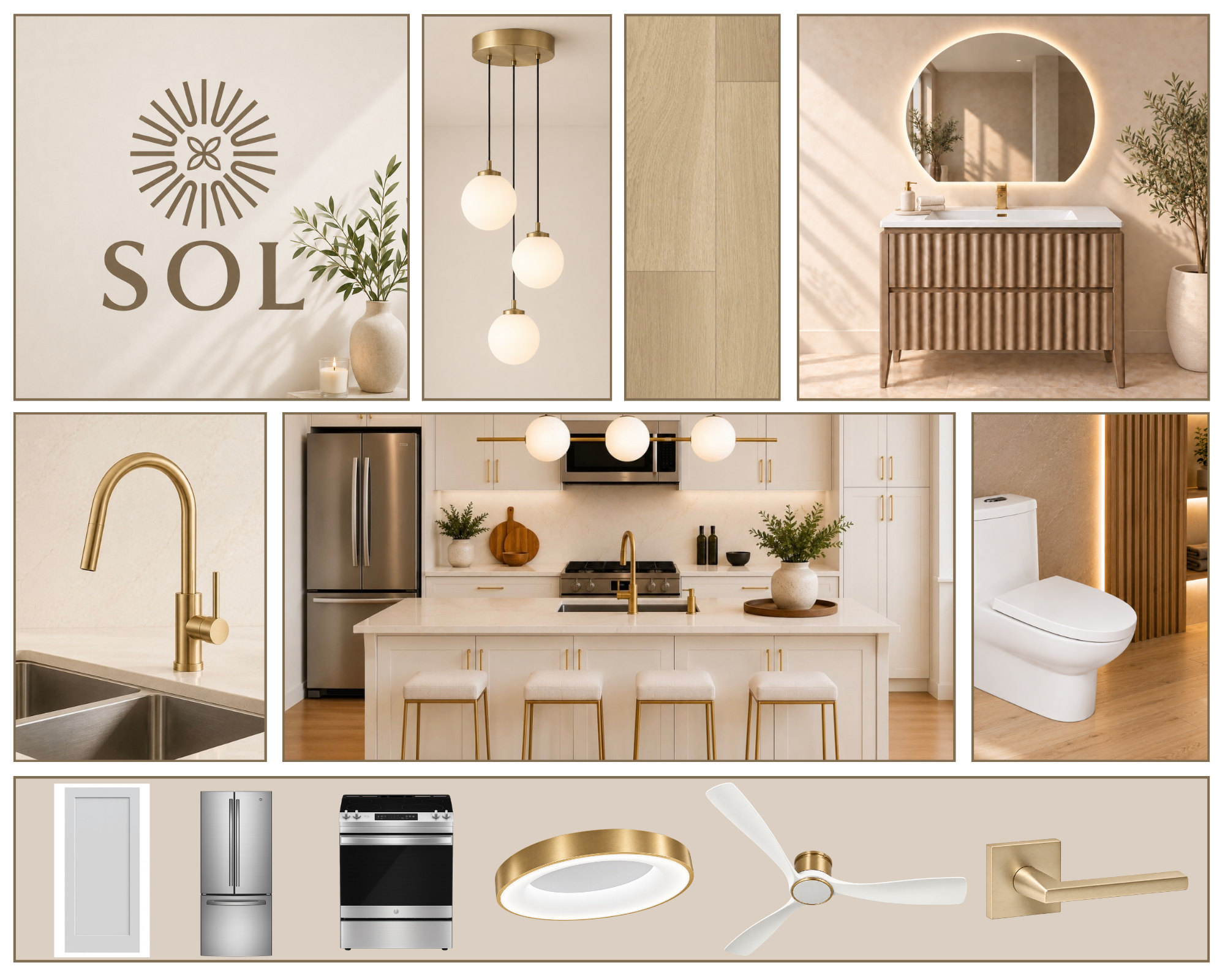A collage of kitchen and bathroom design elements.
