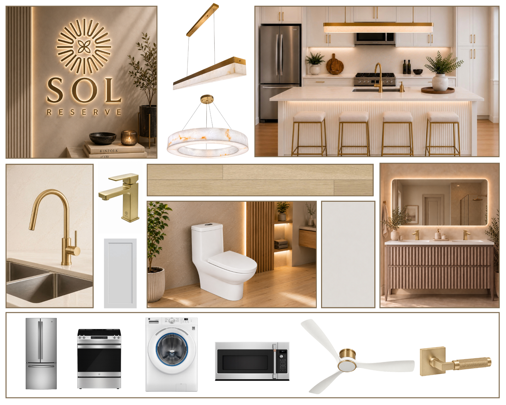 A collection of modern home decor items and furniture.