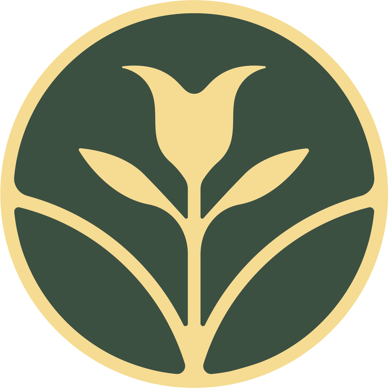 A stylized image of a flower in a circle.