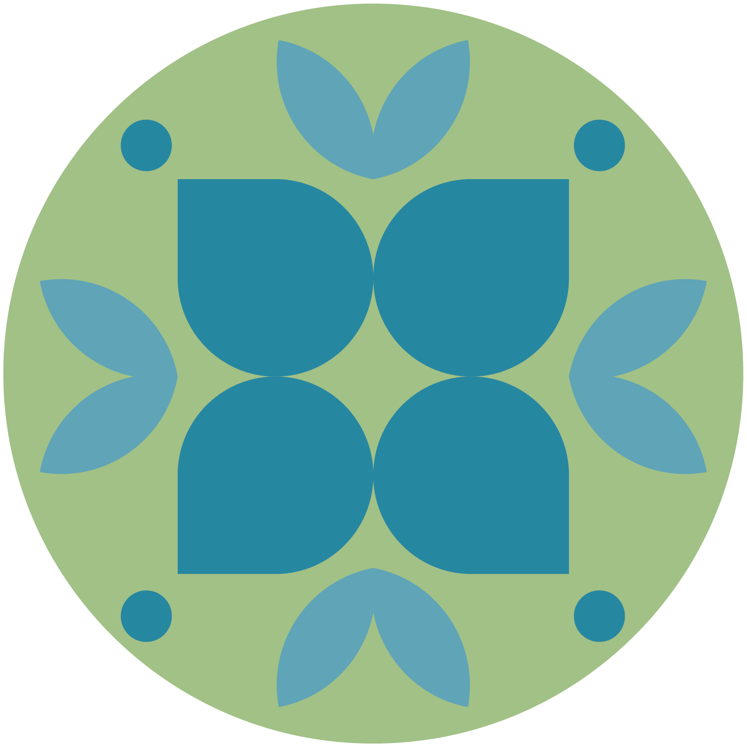 A graphic with a green background and blue shapes.
