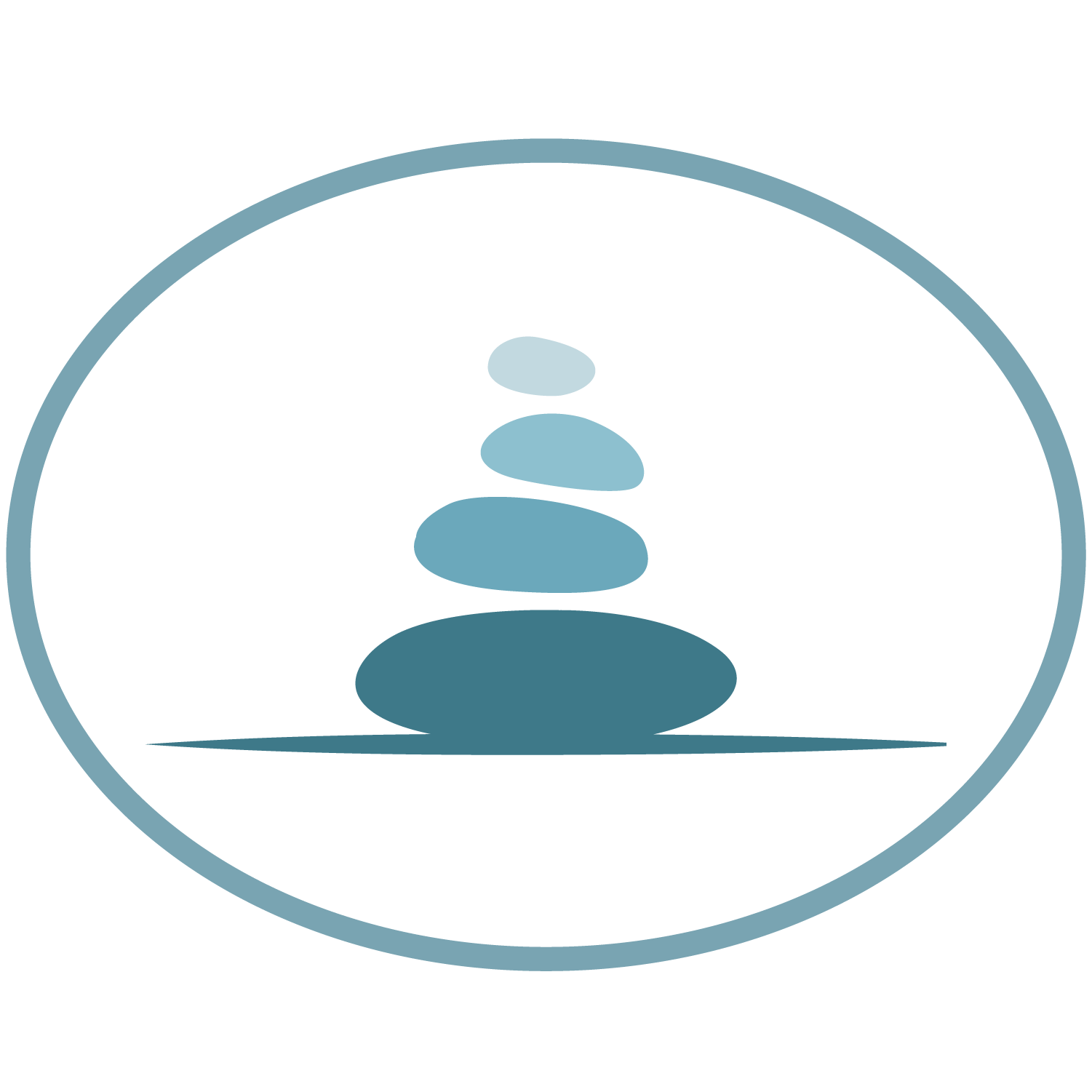 A blue and white image of a stack of stones in a circle.