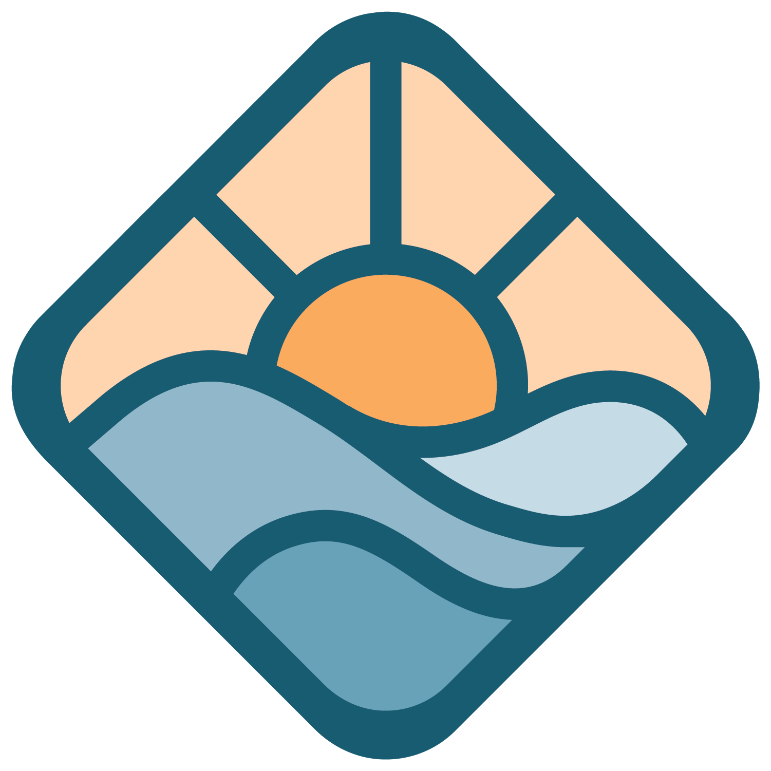 A stylized image of a sun rising over a body of water.