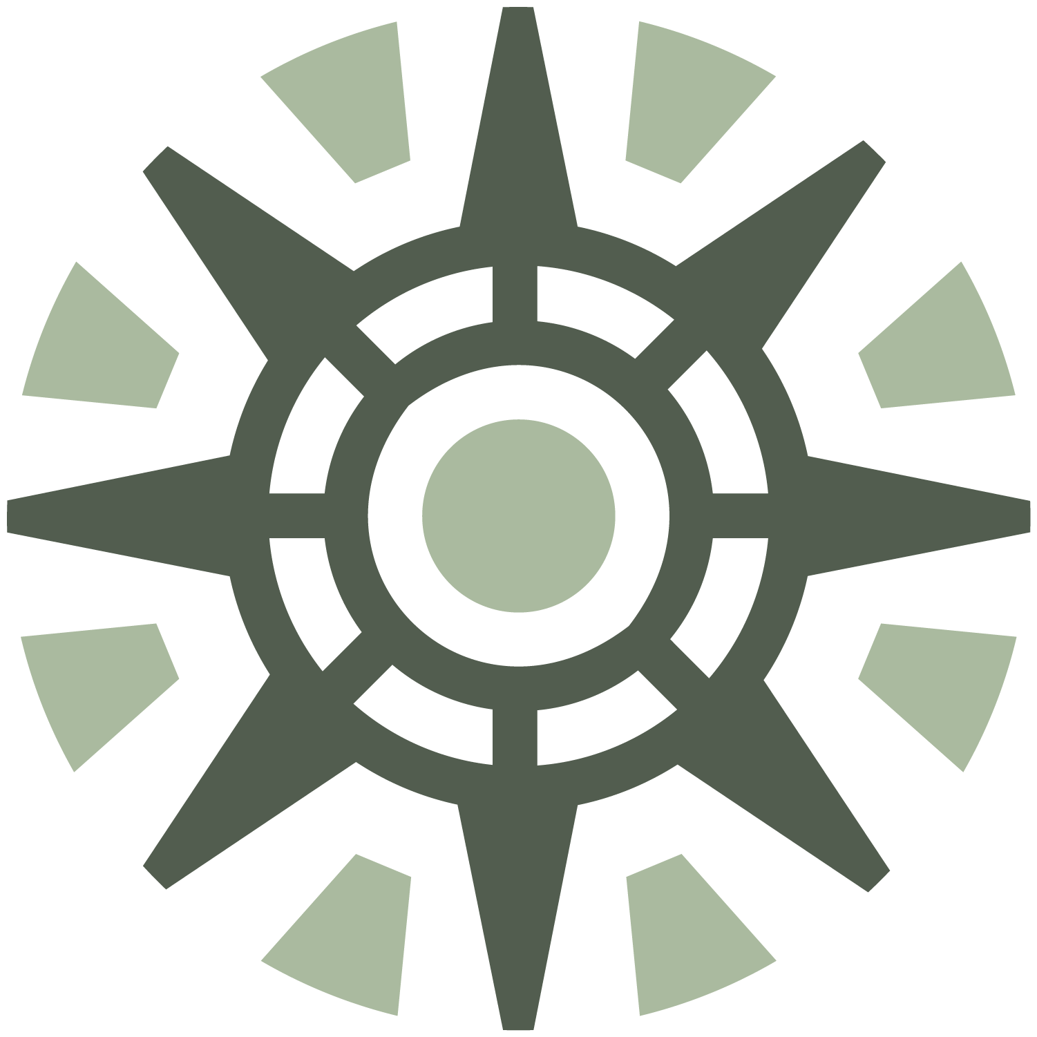 A graphic of a sun with rays and a circle in the middle.