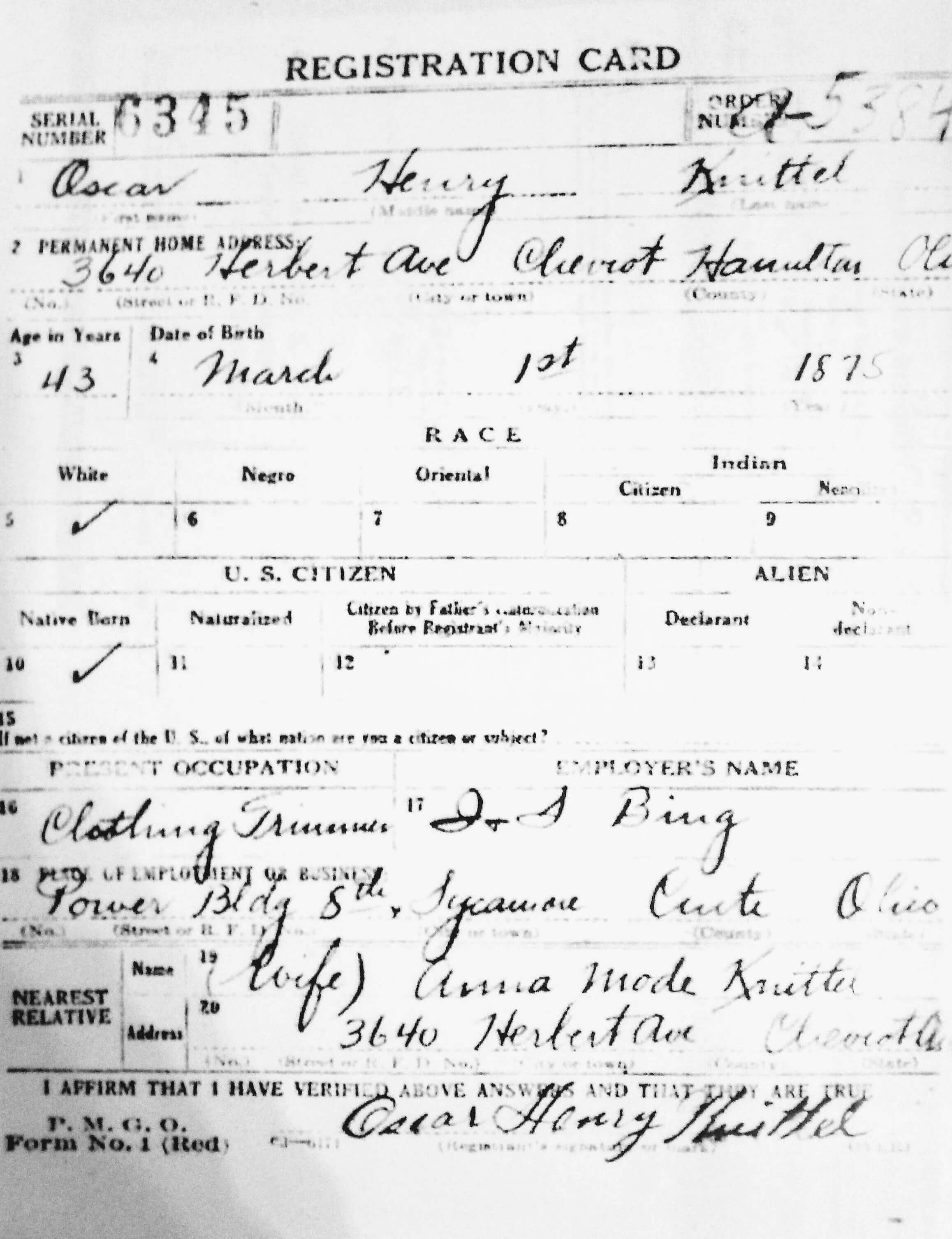 Oscar Knittle registration card