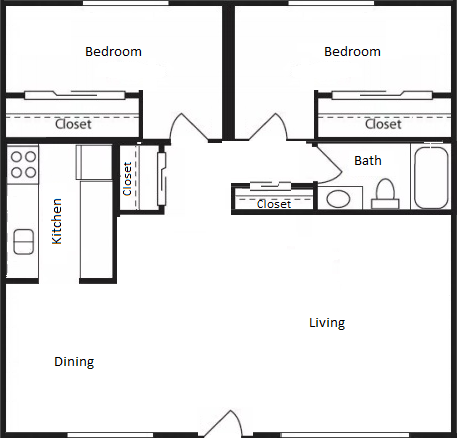2 Bed 1 Bath floor plan