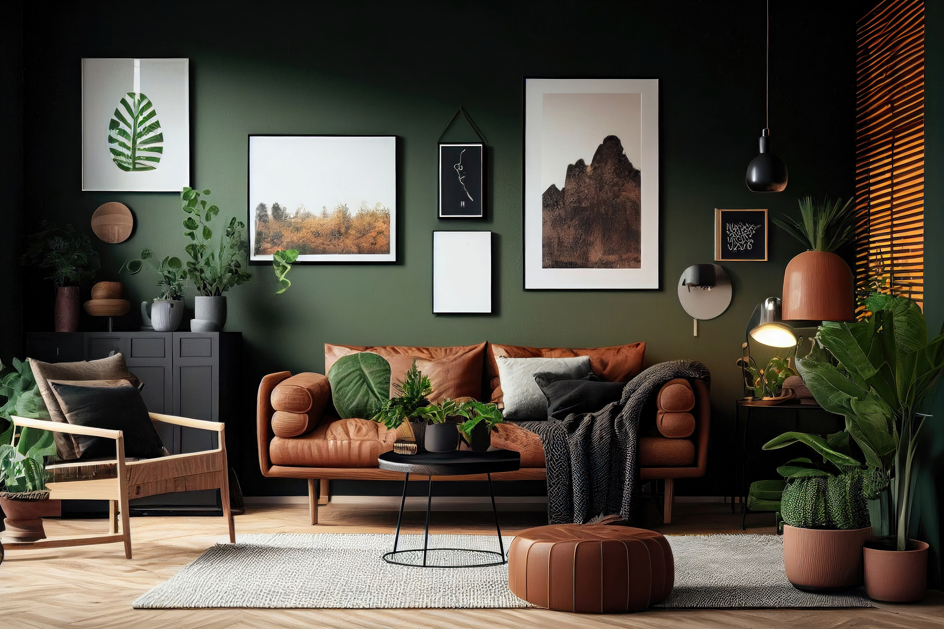 a living room with a brown couch and various plants