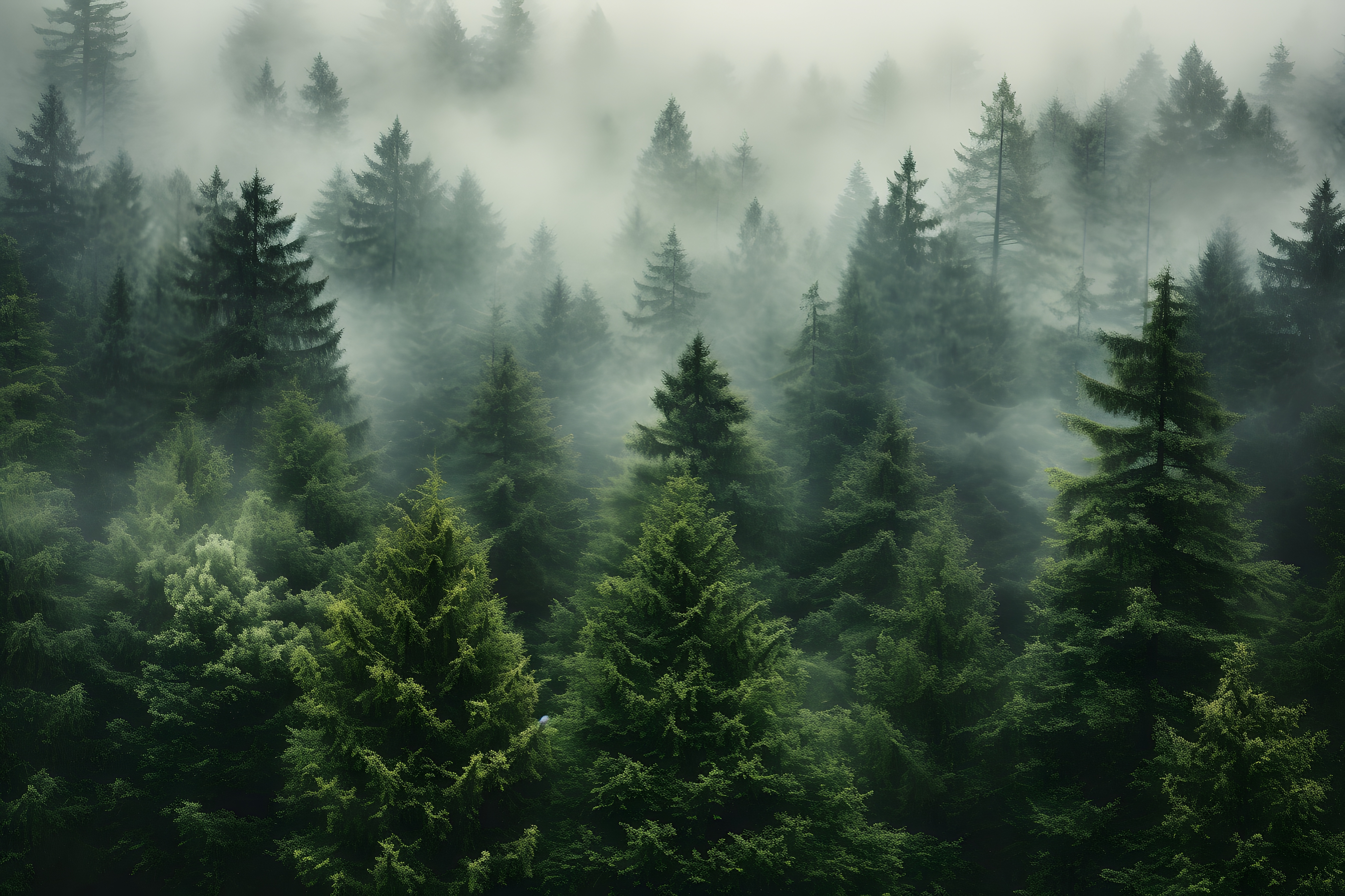 a forest of pine trees in the fog