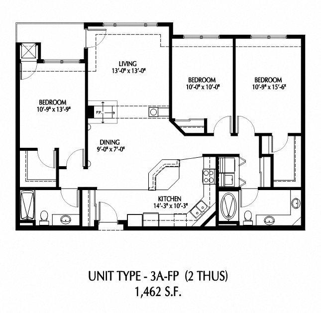 Three Bedroom - A floor plan