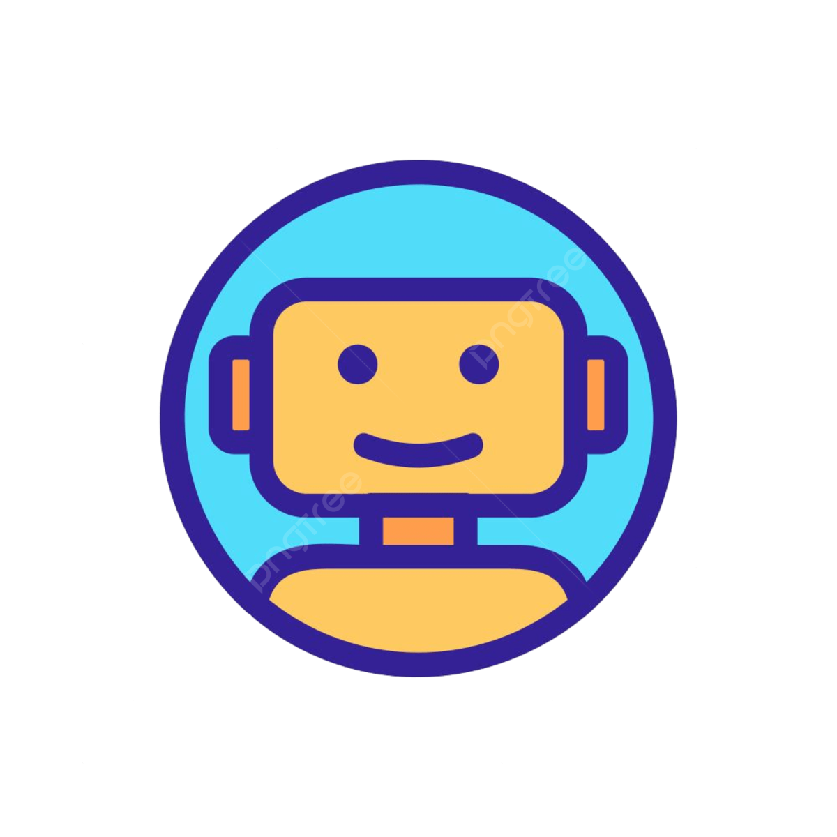 A graphic of a smiling robot head inside a circle.